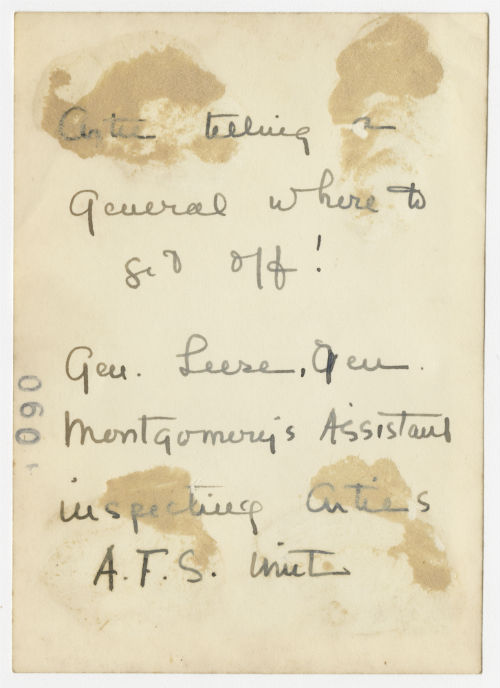 Arthur Howe, Jr. and General Sir Oliver Leese during the inspection of 567 Coy near Homs. Verso 1