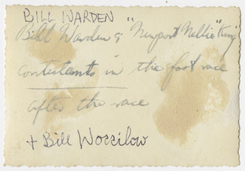 Unidentified individual and Bayard "Newport Nellie" King after the foot race near Al-Swani. Verso