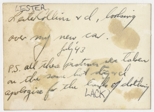 Lester Collins and Arthur Howe, Jr. looking over Art's new car. Verso