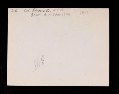 Colonel Etienne,  A. Piatt Andrew, Major Long, and unidentified individuals at Pont-à-Mousson. Verso