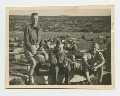 Erwin "Pat" Fiero, Padre Poole and Charles "Chuck" Larrowe on the hills near Barca, Libya. Recto